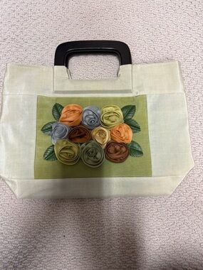 The Silk Trading Co. Floral Rosette Patchwork Tote Bag in Cream and Green
